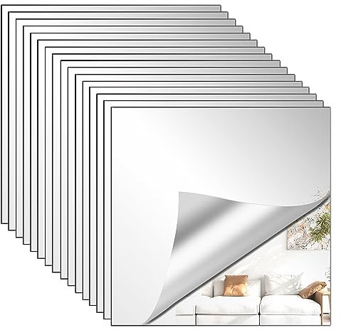 JSMTKJ 32 Piezas Espejos Autoadhesivos Pared, 15 x 15 cm Flexibles Espejos Autoadhesivos Acrílico Espejo acrílico no Cristal para Decoración del Hogar