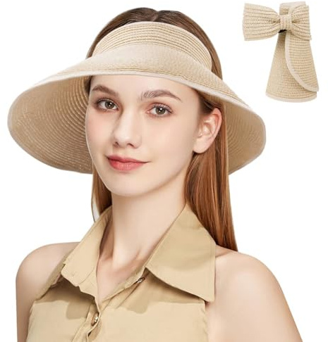 Aomig Solvisir hattar solhattar för kvinnor brett brätte sol halmhatt UPF sommar tom topp solkeps UV-skydd solkeps vikbar, twill golf tennis sommar visir hattar för utomhus, Sugrörhatt-beige, 3