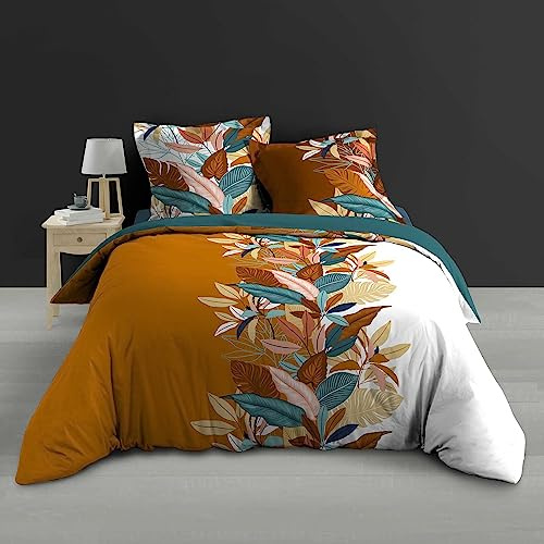 Douceur d'Intérieur, Parure de Lit 3 Pièces (260 x 240 cm) Yucca Orange, 100% Percale de Coton