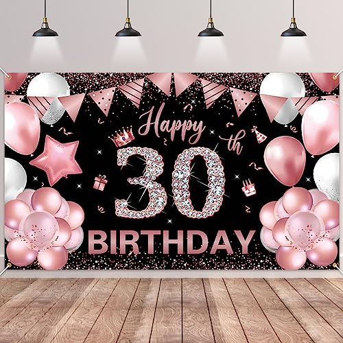 30.Geburtstag Banner Roségold Schwarz,BTZO 30.Geburtstagsbanner,Deko 30 Geburtstag Dekoration Banner Hintergrund für 30 Frauen und Männer Geburtstagsfeier Deko