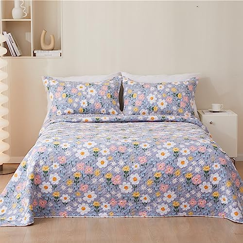Chickwin Luxuriös Tagesdecke Baumwolle Vintage Bettüberwurf Doppelbett Leichte Dünne Steppdecke für Gesteppte Set mit 2 Kissenbezüge, Bett Überwurfdecke Wendedesign (220x240cm,Lila Gänseblümchen)