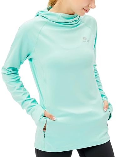 HDTIYUYP Maglia da corsa da donna a maniche lunghe, termica, con cappuccio e tasca con cerniera, per fitness, UV, escursionismo, sport all'aria aperta, con foro per il pollice, Lt.blue, S