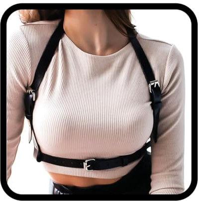 Zookey Punk Leder Körperkette Schwarz Leder Taille Kette Nachtclub Rave Brust Kette Gürtel BH Schmuck Zubehör für Frauen und Mädchen