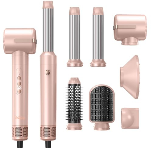 Airstyler Warmluftbürste 7 in 1, UKLISS 1400W Hairstyler Haartrockner mit Rundbürstenföhn Föhnbürste Set, Lockenstab (Links & Rechts), 110000 RPM Motor Ionen Föhn mit Diffusor