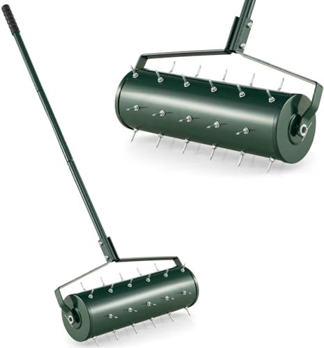 COSTWAY Garden Rolling Lawn Aerator, 45cm/53cm Manual Grass Spikes Roller with 130cm Detachable Handle, Heavy Duty Steel Rotary Push Pull Tine Garden Lawn Tool (53cm x 130cm(L x H))