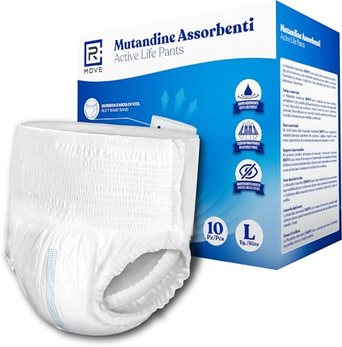 R MOVE 10 mutande incontinenza uomo e donna assorbenti taglia L, pannoloni a mutandina unisex, mutandine adulto anziani, mutanda per adulti massima libertà di movimento (Confezione Singola, L)