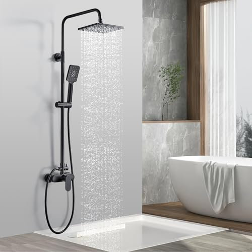 Rehomthy Columna Ducha Negro, Sistema de Ducha con Ducha Fija y Teleducha, Barra Altura Ajustable, Duchas de Baño Columna para Baño Set