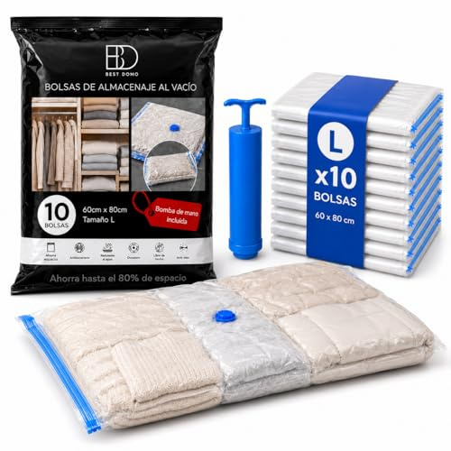 Bolsas para guardar ropa al vacío pack 10- L 60x80 cm con bomba manual y cierre hermético, para abrigos, chaquetas y ropa de invierno