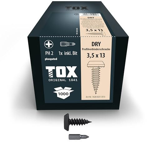 TOX Profilverbinderschrauben DRY PV 3,5 x 13 mm, Schrauben schwarz phosphatiert mit Panhead + Feingewinde, zur Verbindung von CW-Profilen oder Blechen, PH2, 1000 Stück, inkl. 1x Bit, 142883213513