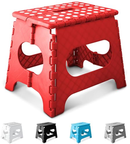 KEPLIN 11 Inch Heavy Duty Folding Step Stool | Non-Slip Foldable Footstool for Toddlers, Children & Adults | Portable, Lightweight Plastic Footstep w/Carrying Handle for Indoor or Outdoor (Red)