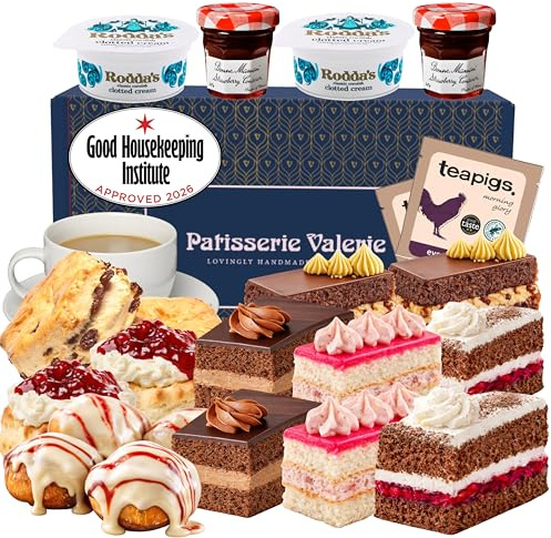 Patisserie Valerie Madame Valerie's Afternoon Tea Hamper for 2 | Madame Valerie Slice, Strawberry Gateau, Chocolate & Black Forest Minis, Choux Flavours, Scones, Clotted Cream & Jam with Tea