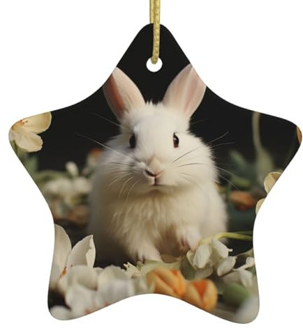 Weißer Hase und Lilien Weihnachtsschmuck Stern Keramik Hängende Ornamente für Weihnachtsbaum Doppelseitige Weihnachtsbaum Porzellan Anhänger mit Seil Xmas Handwerk für Feiertage Party