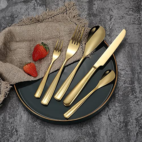 HONGYEMY Ensemble de Couverts de Table en Or pour 4 Personnes, Couverts de Luxe de 20 pièces en Acier Inoxydable Lisse, Poli Miroir, kit Simple, Lavable au Lave-Vaisselle