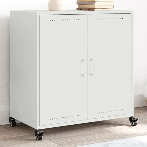 prissent Sideboard Aufbewahrungsschrank mit 4 Rollen Buffetschrank Beistellschrank Mehrzweckschrank für Wohnzimmer Schlafzimmer oder Küche Metallgestell Industrie-Stil Weiß 68x39x72 cm