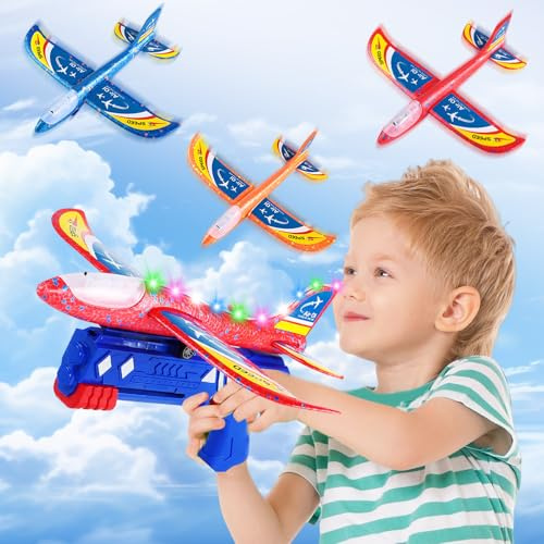 KIMIGO Flugzeug Spielzeug,Styropor Flugzeuge für Kinder mit Katapult & LED – 3 Flugzeug-Spielzeug Set,Wurfgleiter Outdoor Kinderspielzeug ab 3+ Jahre Geschenk für Junge/Mädchen