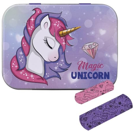 Unicorn Glitter Effects First Aid Plasters in Metal Tin Box, Two Sizes with Cute Unicorn Design, Easy Removal & Skin-Friendly, Breathable Adhesive, 24 Plasters