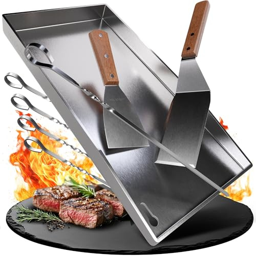 WILDGÅRD® Grillplatte - Plancha Grill Platte aus dickem & rostfreiem Edelstahl – 20 x 40 cm – für BBQ Gasgrill & Kohlegrill geeignet +PLUS: 2x Grillspachtel & 5x Spieße