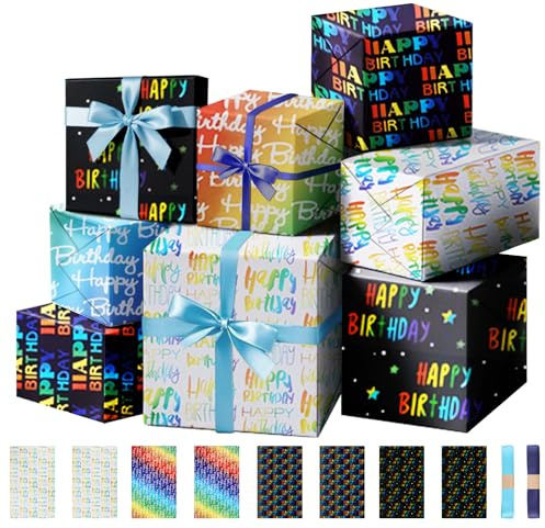XRXYMQ Papel de Regalo 8 Hojas 70 x 50 cm Cumpleaños con Cintas