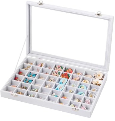 Frebeauty 48 Grid Jewellry Tray,Adjustable Earring Holder Organiser with Glass Lid,Velvet Drawer Jewellry Organiser for Rings,Studs,13.8 x 9.5 x 2 Inches Jewellry Display Box,Gift for Women(White)