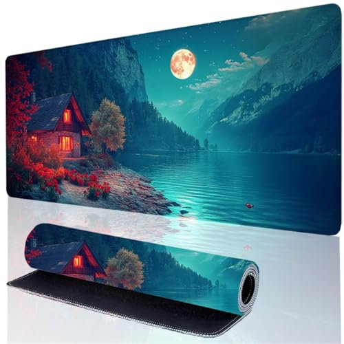 Mauspad Grün Gaming Mousepad XXL 600x300x3mm, Wasserdicht Schreibtischunterlage Mond, Verbessert Präzision und Geschwindigkeit, Genähten Kanten Desk Mat für PC Zubehör Gaming Schreibtisch Deko RZ-M