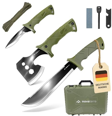 Dönges Survival Set mit Axt, Messer, Machete mit Säge, Spaltaxt, Feuerstarter, Paracord & Zubehör - Bushcraft Outdoor Werkzeug Set im Koffer mit Schaumstoff - Camping & Notfallausrüstung 7-teilig
