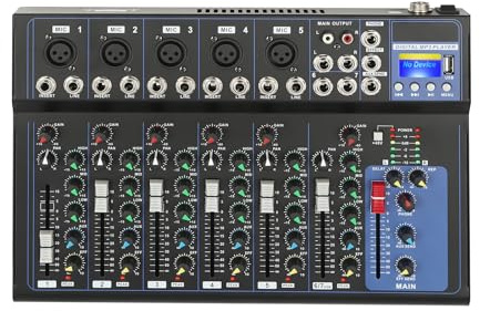 7 Channel Digital Audio Mixer USB Portable Audio Mixe 18W AC 230V Mixing Desk 5-Segment LED 10m Bluetooth Wireless Control with Indicator Light and Knob Type Potentiometer