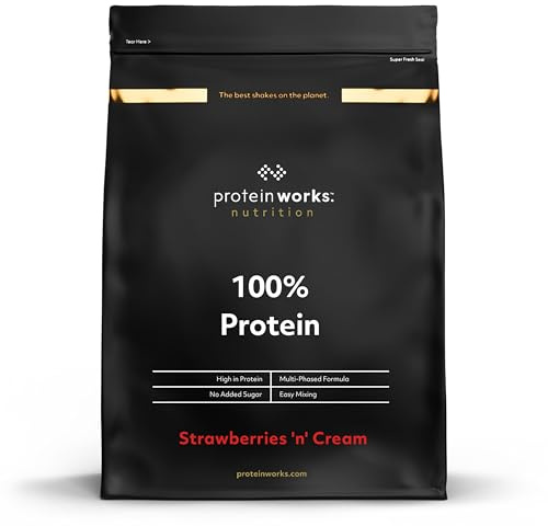 Protein Works - 100% Protein Poudre, 25 Portions, Mélange Quadri-Protéines, Peptides de Glutamine, Formule Protéinée Propre, Fraises à la Crème, 625g