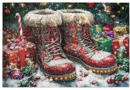 Snugozo Festive Red Santa Boots with Furry Cuffs,1000 Piece Adults Wooden Jigsaw Puzzle，Stunningly Vibrant Colors，Vibrant Christmas-Themed Entertainment Puzzles，Stress Relieving Pleasure