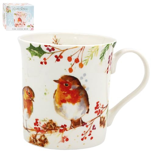 The Leonardo Collection Winter Robins Mug for Hot Drinks | Reusable Fine China Coffee Cups for Kitchen & Home | Printed Tea Mugs for Every Occasion | Durable Cup for All Types of Beverages