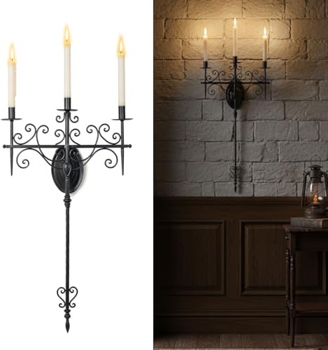 AIM & GGKK Vintage 3-Light Wall Candle Sconce Holder – Large Wrought Iron Wall Mounted Candle Sconces for Home Living Room, Hallway, Dining Room