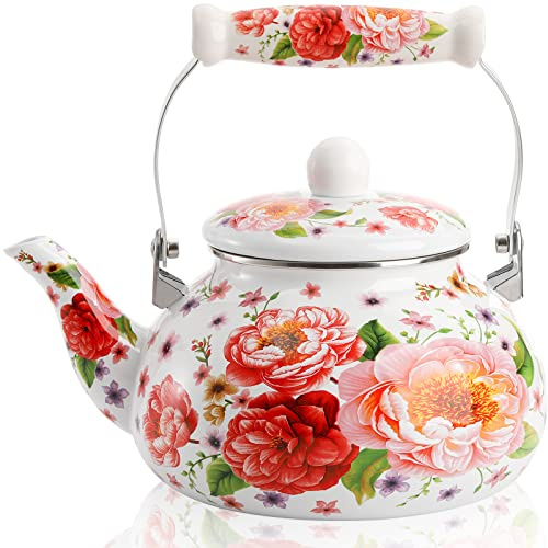 Tetera esmaltada de 2.6 cuartos de galón, tetera grande de porcelana esmaltada, tetera vintage de 2.5 L con mango fresco de cerámica, tetera de acero floral colorido para agua caliente, decoración
