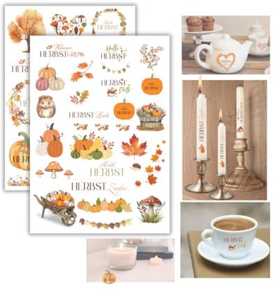 2 Blatt Sticker Herbst Transferfolie Herbst Deko Geschenk Aufkleber Selbstklebend Bunt Wasserschiebefolie für Glas Holz Keramik Kerzen Kleiner Herbstgruß DIY Geschenkideen Rub On Sticker