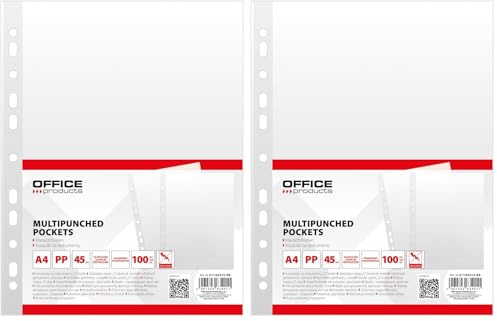 OFFICE PRODUCTS Fundas para folletos / 100 unidades/DIN A4/transparente superior abierta fundas transparentes fundas de plástico perforadas para documentos, papeles, archivos, carpetas/PP/transparente