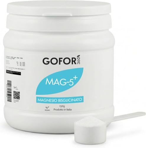 GOFOR360 MAG 5+ Magnesio Bisglicinato in Polvere — Formula con Vitamina B6 e C – Magnesio in Polvere per Stanchezza Muscoli e Rilassamento – 150 g
