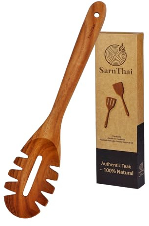 Teak Wood Pasta Spoon with Teeth, 12.5-Inch Spaghetti Server, Wooden Pasta Fork Ladle for Serving, Scooping & Draining Noodles