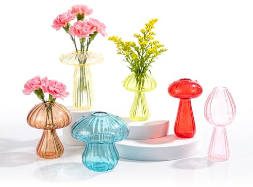 Minifactory 6PCS Glass Mushroom Propagation Stations, Vintage Round Vase Set for Indoor Plants, Hydroponic Plant Propagation Jars, Decorative Glass Planters for Home Office Décor