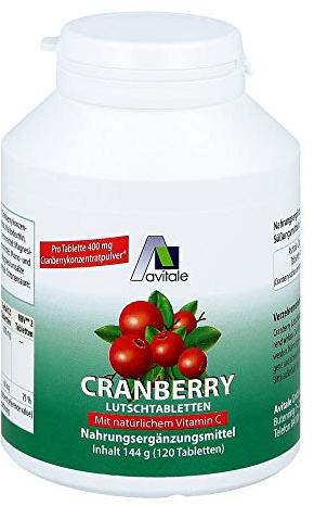 Avitale Cranberry Lutschtabletten mit natürlichem Vitamin C, 120 Stück | Cranberry-Lutschtabletten mit 400 mg Cranberrykonzentrat-Pulver, Traditionell bekannt und gut für das Wohlbefinden