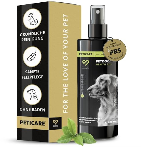 Peticare® Hunde Trockenshampoo (200 ml) – Natürliches Hundeshampoo gegen Geruch & Schmutz – ohne Wasser – Sanfte Fellpflege für Hunde & Welpen – für alle Fellarten – mit Argan- & Kokosöl