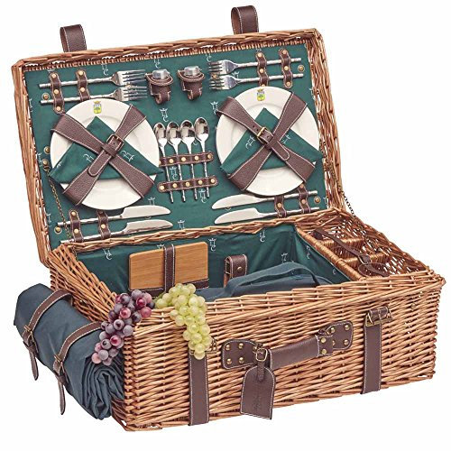 Les Jardins de la Comtesse - Picknickkorb Champs Elysees Grün - Wicker und Leder - Komplett Für 4 Personen - Kühlfach - Keramikteller und Weingläsern/Einer Wasserdichten Tischdecke - 57 x 37 x 23 cm