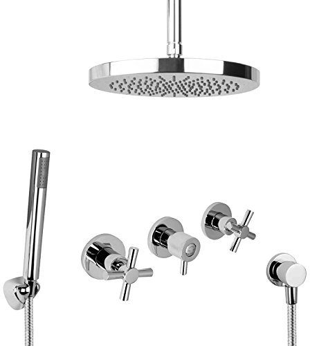 PaulGurkes Dusch Set Unterputz Deckenmontage Regendusche Komplett rund Deckenarm Kreuzgriff Duschsystem Regenbrause Kopfbrause Überkopfbrause Duschtempel Luxusdusche
