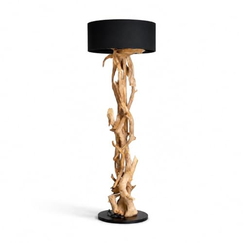 BLUMA Stehlampe 180 cm | Handgefertigte Treibholz Stehlampe aus Teakholz – rustikale Stehleuchte Holz mit E27 Fassung | Modern und natürlich lampe aus Holz mit Lampenschirm für das Wohnzimmer