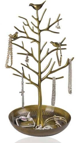 ChezMax Jewelry Display Necklace Earring Organizer Holder Metal Birds Tree Stand with Tray Antique Bracelet Rings Rack Tower Decoration for Women Girl 11.8 Inch