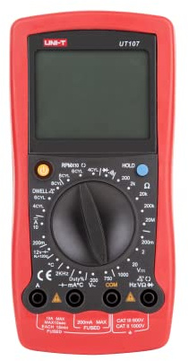 UNI-T MIE0090/UT107 digital multimeter, mätning ström, DC/AC spänning, temperatur, motstånd, genomgång, diodentest, slagvarning, data-håll-funktion