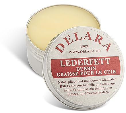 DELARA grasso per pelle, nutre, impregna e si prende cura di scarpe, borse, seggiolini auto, selle da equitazione e mobili in pelle, colore: incolore, barattolo da 100 ml - Made in Germany