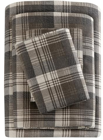 WOOLRICH Parure de lit 4 pièces en Flanelle 100% Coton imprimée Cottage Charms - Chaude et pelucheuse - Poche ajustée pour Matelas jusqu'à 35,6 cm - Motif écossais Marron