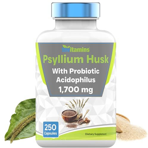 tnvitamins Psyllium Husk Capsules | 1700 MG - 250 Capsules | with Probiotic Acidophilus | Extra Strength Soluble & Dietary Fiber Supplement | Supports Digestive Health
