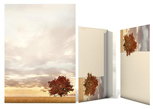 Briefpapier Set | Lonely Tree - Herbst-Baum | 20 Blatt Herbstliches Motivpapier A4 | 20 Briefumschläge OHNE FENSTER im DIN LANG-Format