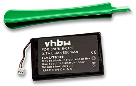 vhbw Batterie Compatible avec Apple iPod 20GB, 15GB, 3ème génération, 30GB, 10GB, 3, 3G Lecteur de Musique MP3 (850mAh, 3,7V, Li-polymère)