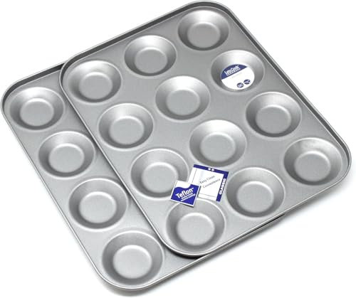 12 Hole Mince Pie/Bun Tin Twin Pack, Set of Two, for Buns, Fairy Cakes, Tarts and Mince Pies, British Made with Teflon Non Stick by Lets Cook Cookware