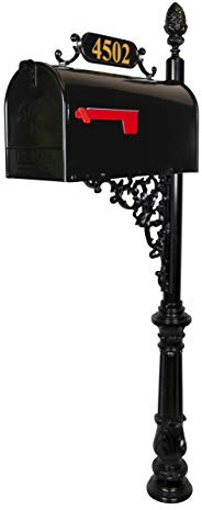 ADDRESSES OF DISTINCTION Magnolia Large Mailbox & Post System – Black Rust Resistant Mailbox – Includes Plaque, Decorative Bracket, Decorative Finial & Mounting Hardware - Customized Address Numbers